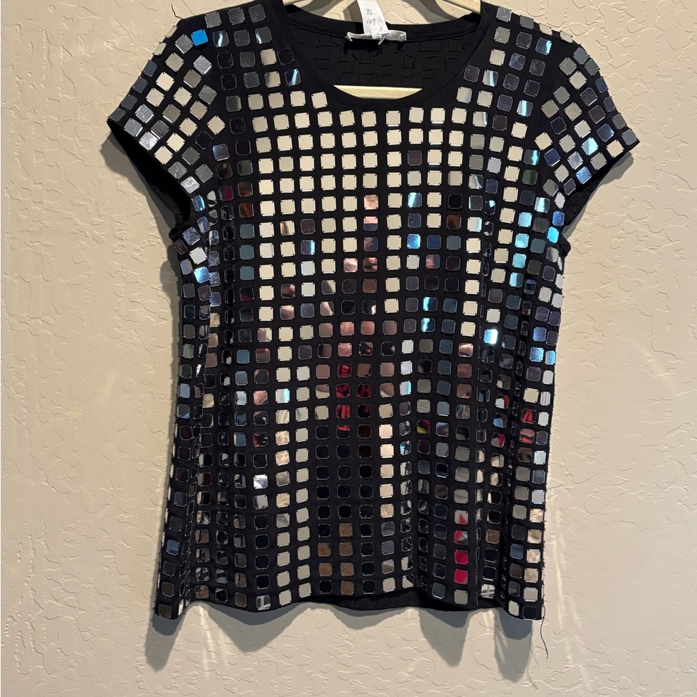 Alice + Olivia Black and Silver Checkered Top